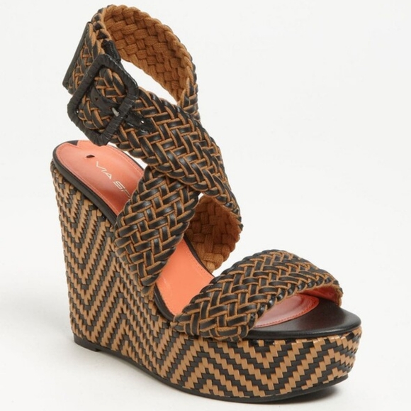 Via Spiga Shoes - Via Spiga Kagan Wedge Sandal Womens Size 8 Black Brown Platform Crisscross Strap